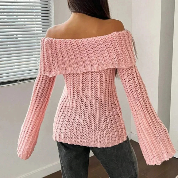 Pink Casual Women's Off-Shoulder Long Sleeve Sweater - Picture 2 of 6